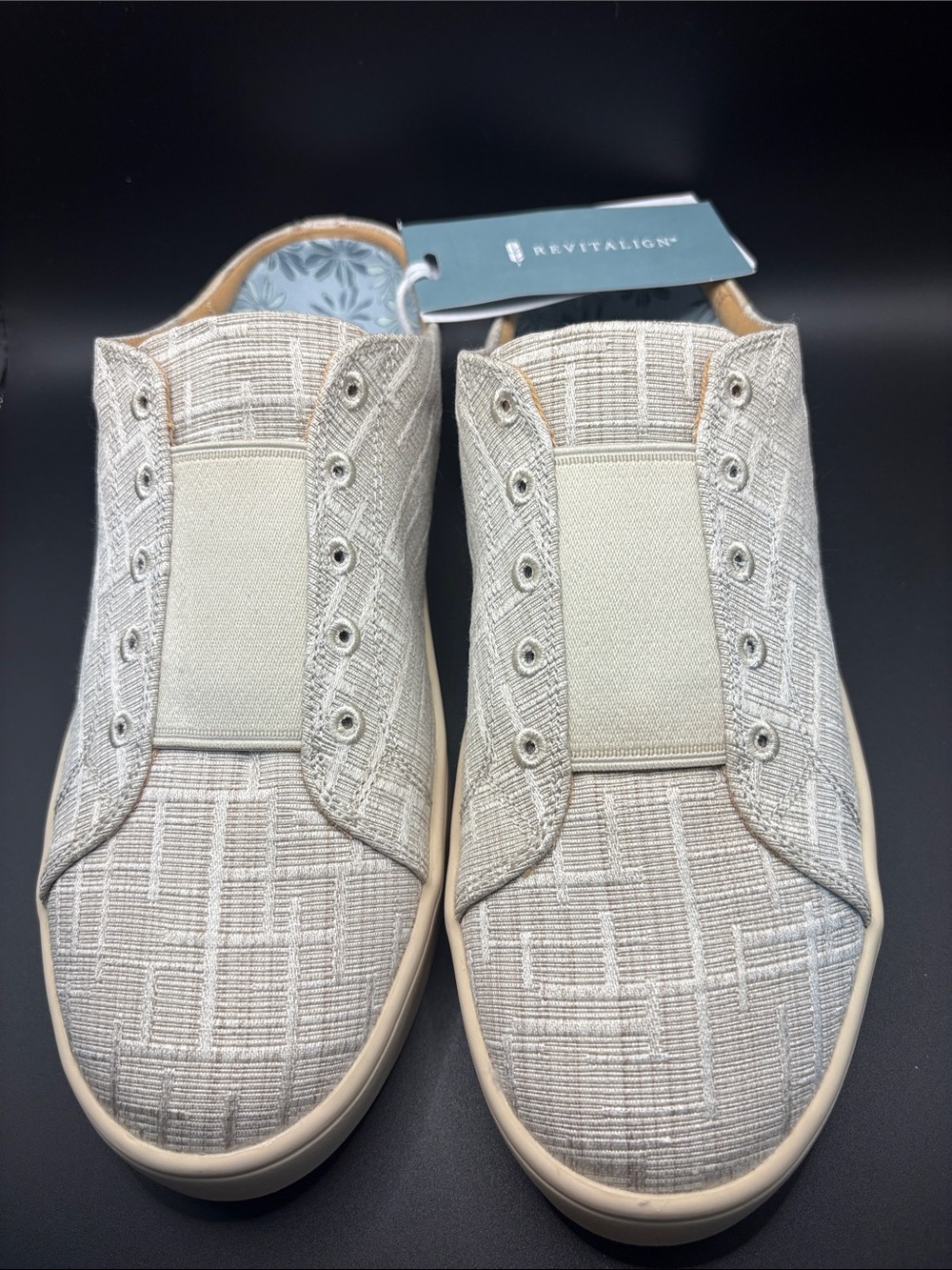 REVITALIGN Harmony Petal Women’s Slip-On Mules in Light Tan Woven Fabric